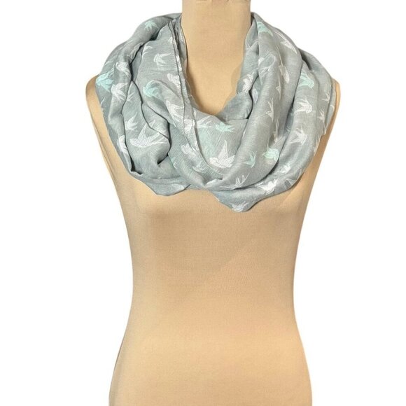 NWOT Infinity Scarf Light Gray Bird Print Viscose Boho Grunge - Picture 2 of 5